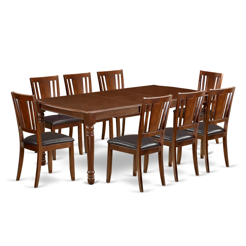 DODU9-3FT-GW Mahogany 9-Piece Dining Ensemble with Expanding Table & Faux Leather Chairs
