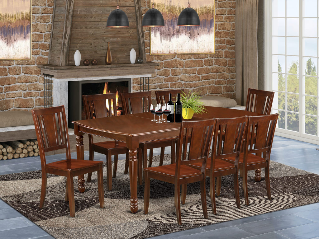 DODU9-KE5-0 Grand 9-Piece Dining Ensemble with Self-Storing Leaf Table and 8 Chairs, 42x78, Rich Wood Finish