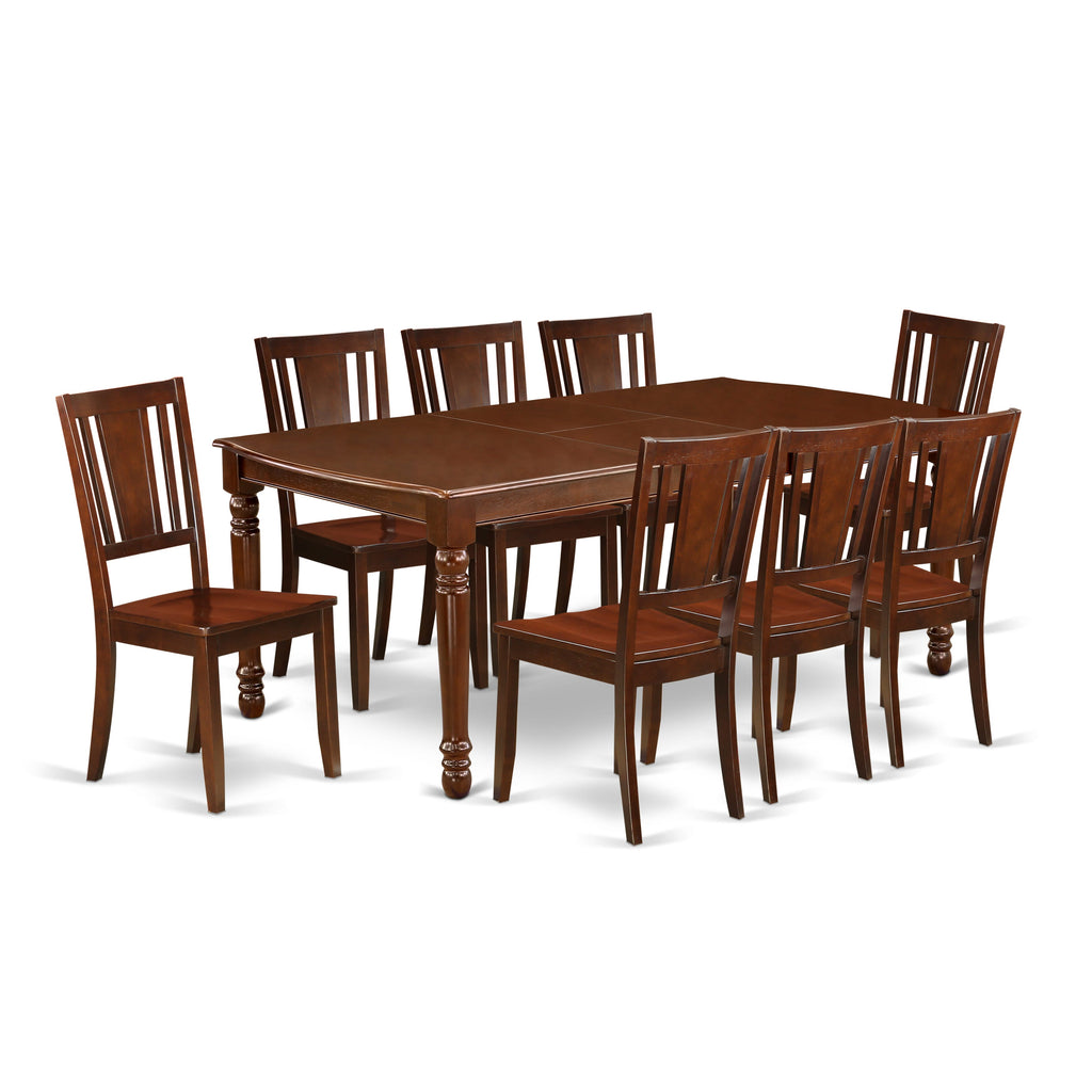 DODU9-KE5-0 Grand 9-Piece Dining Ensemble with Self-Storing Leaf Table and 8 Chairs, 42x78, Rich Wood Finish