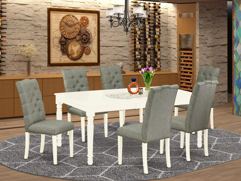 DOEL7-NOD-BI 7-Piece Dining Ensemble with Extendable White Table & 6 Soft Gray Chairs, 42x78