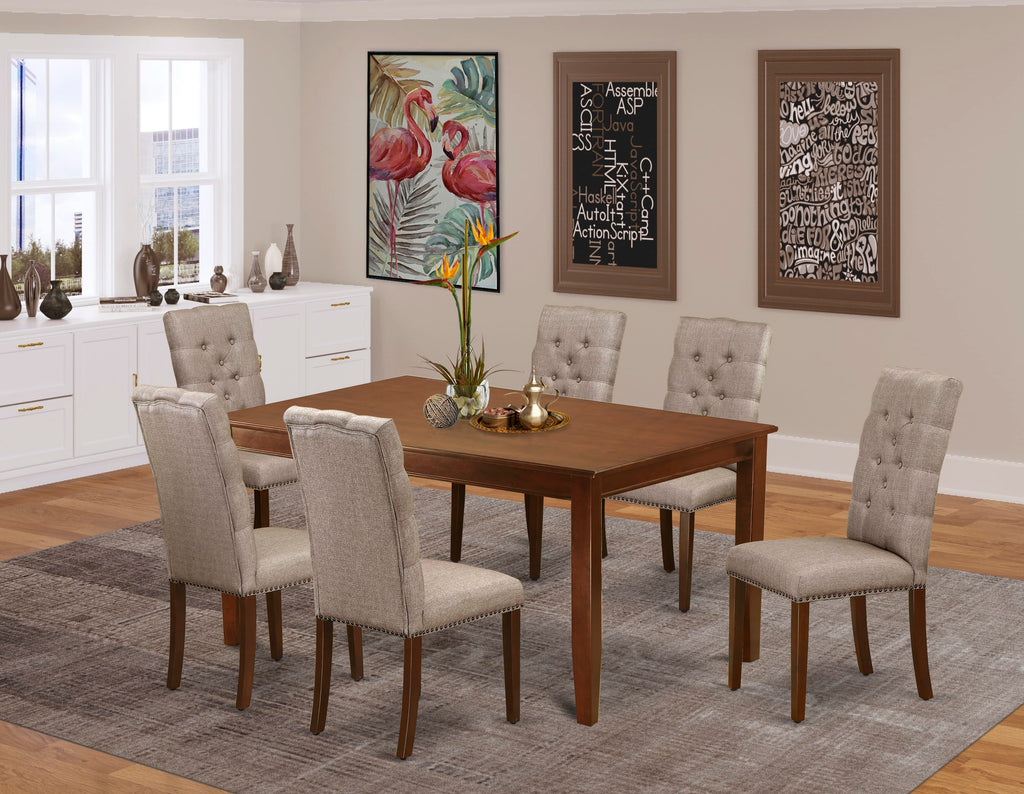 DOEL7-VFK-YA Elegant 7-Piece Dining Ensemble with Rectangular Table, Butterfly Leaf, and Six Luxe Khaki Upholstered Seats, 42x78 Mahogany Finish