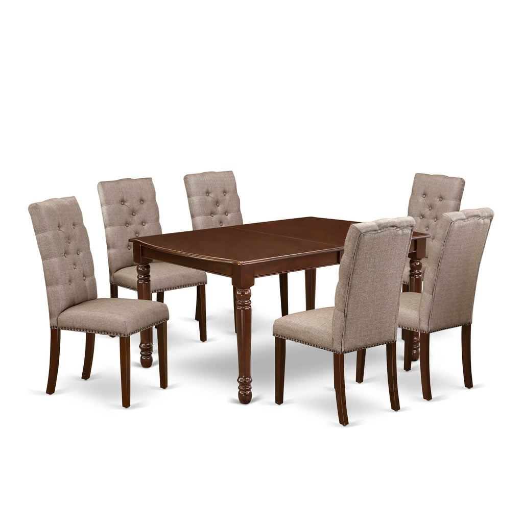DOEL7-VFK-YA Elegant 7-Piece Dining Ensemble with Rectangular Table, Butterfly Leaf, and Six Luxe Khaki Upholstered Seats, 42x78 Mahogany Finish