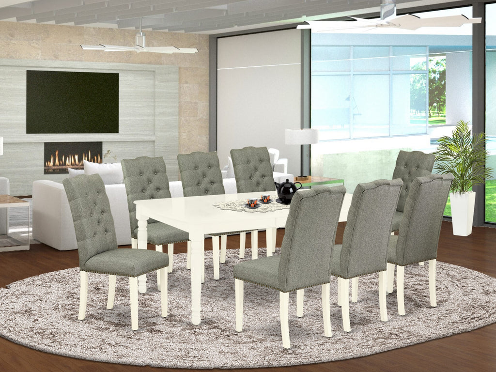 DOEL9-Q4J-QP 9-Piece White Dining Set with Butterfly Leaf Table and Grey Linen Chairs
