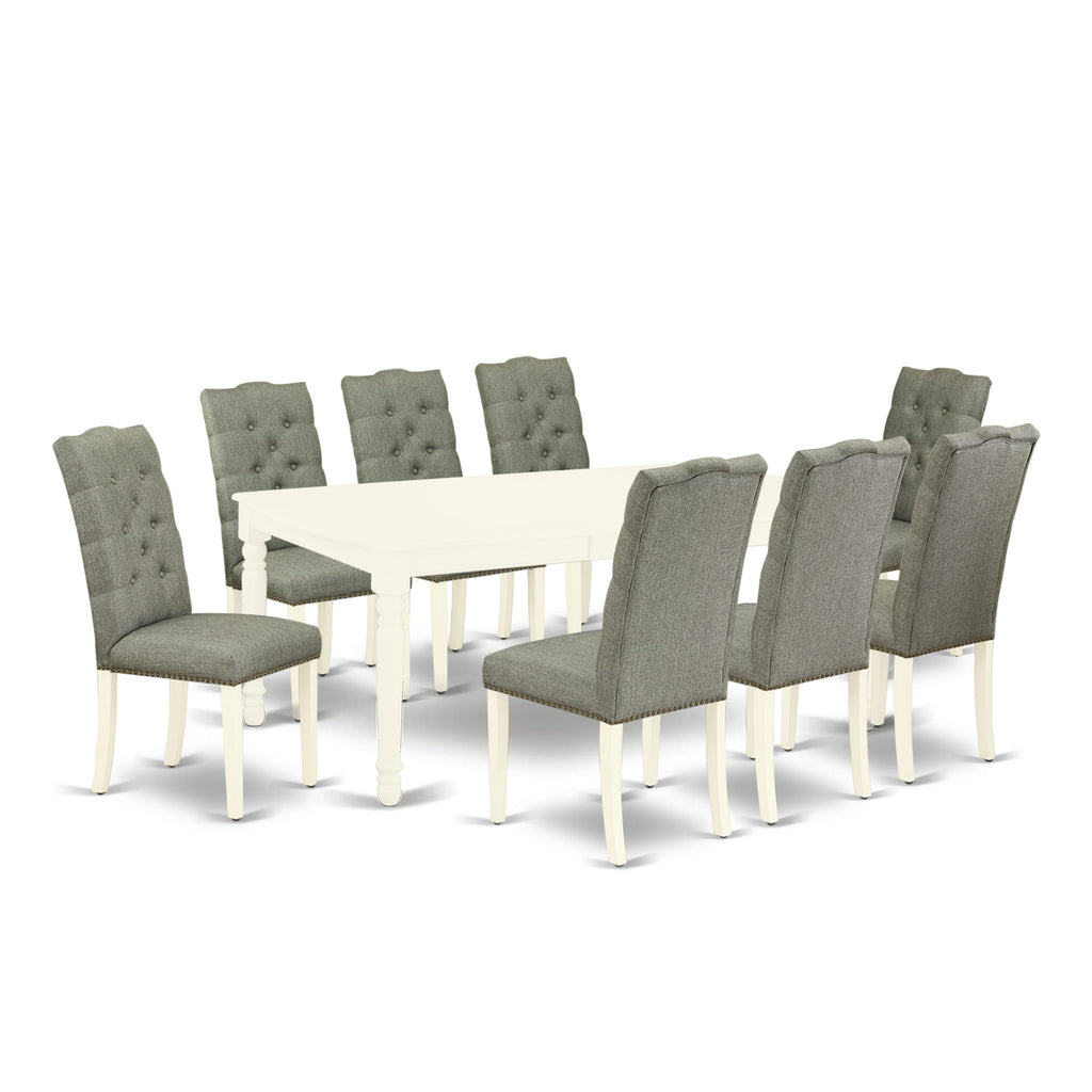DOEL9-Q4J-QP 9-Piece White Dining Set with Butterfly Leaf Table and Grey Linen Chairs