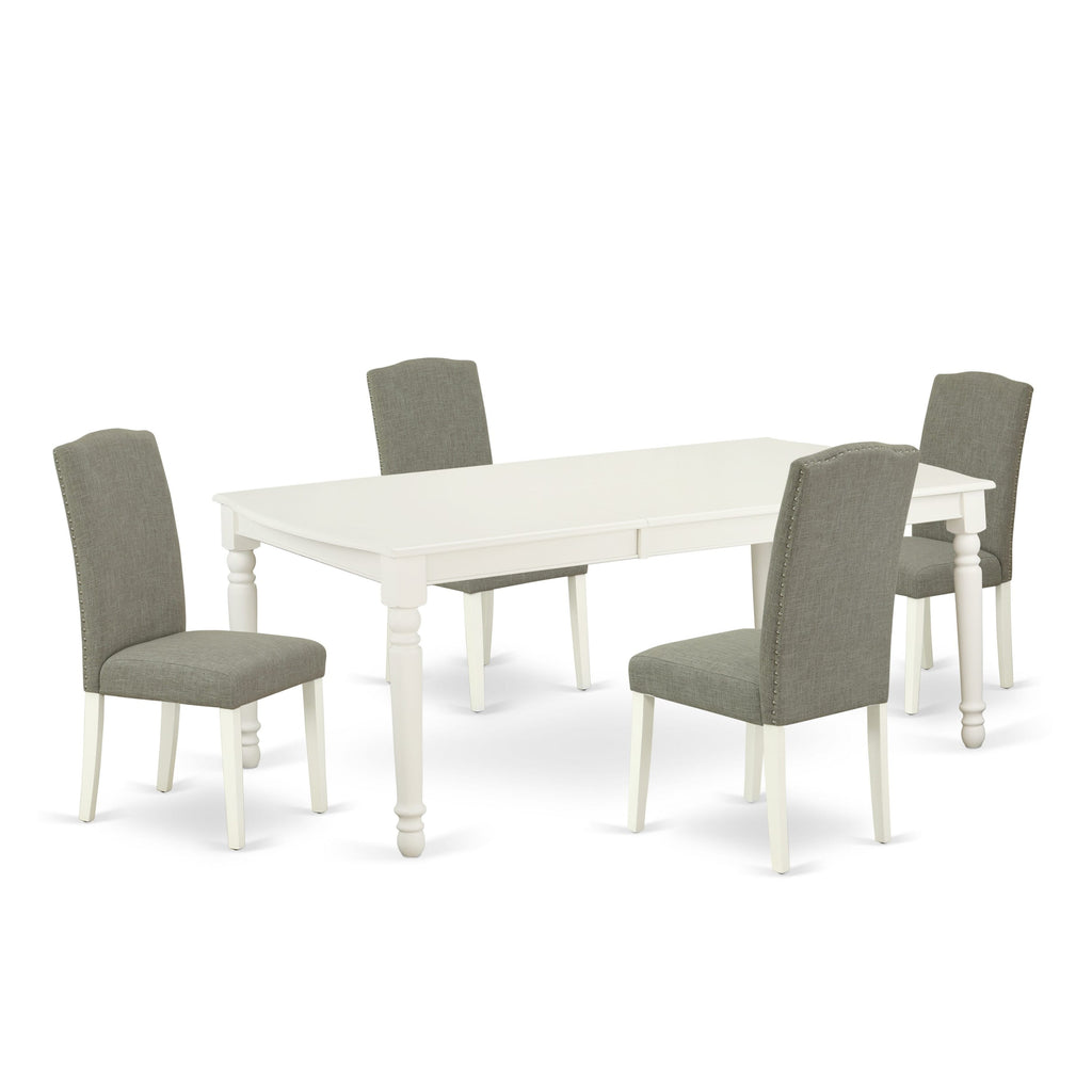 DOEN5-TO0-ZE 5-Piece Dining Ensemble with Extendable Rectangular Table and 4 Shitake Upholstered Seats, White Finish