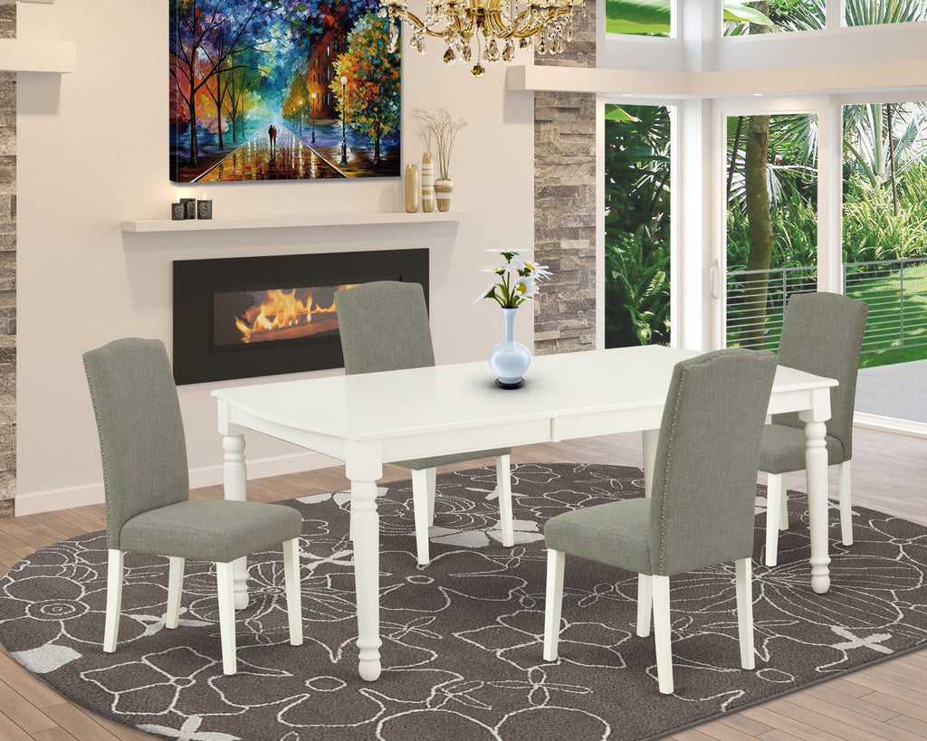 DOEN5-TO0-ZE 5-Piece Dining Ensemble with Extendable Rectangular Table and 4 Shitake Upholstered Seats, White Finish