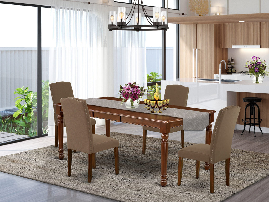 DOEN5-MDZ-QZ Elegant Mahogany 5-Piece Dining Set with Expandable Table and Cozy Linen Chairs
