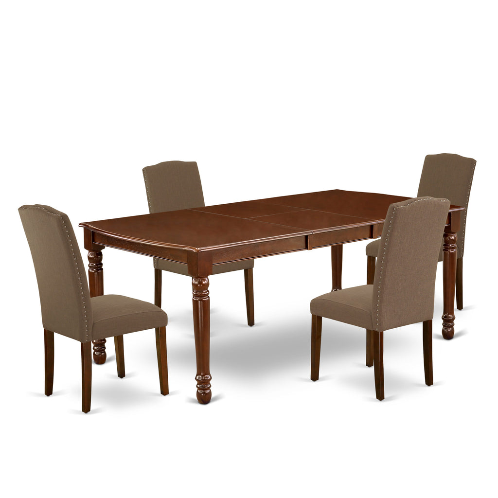 DOEN5-MDZ-QZ Elegant Mahogany 5-Piece Dining Set with Expandable Table and Cozy Linen Chairs