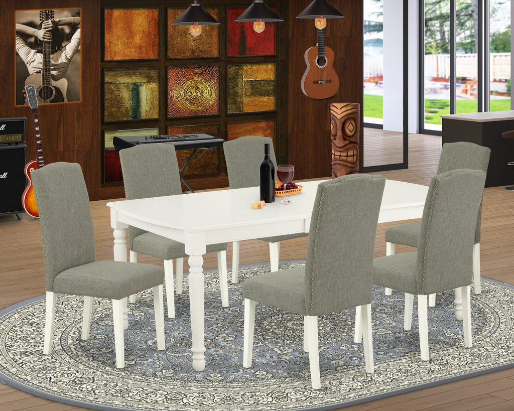 DOEN7-N5M-UC 7 Pc Dining Set Rectangular Table with Leaf & Parson Chairs in Linen White, Dark Shitake
