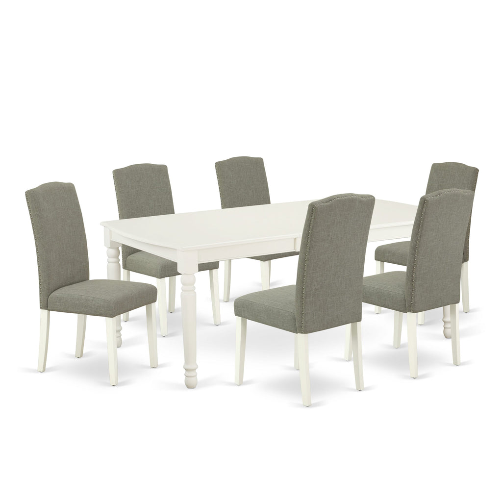 DOEN7-N5M-UC 7 Pc Dining Set Rectangular Table with Leaf & Parson Chairs in Linen White, Dark Shitake