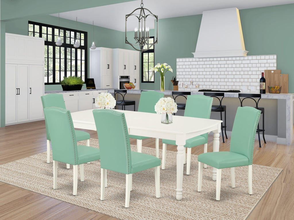 Luxurious 7-Piece Dining Ensemble DOEN7-7PG-5A Elegant Rectangular Table with Extension Leaf & 6 Plush Faux Leather Chairs in Sophisticated White Finish