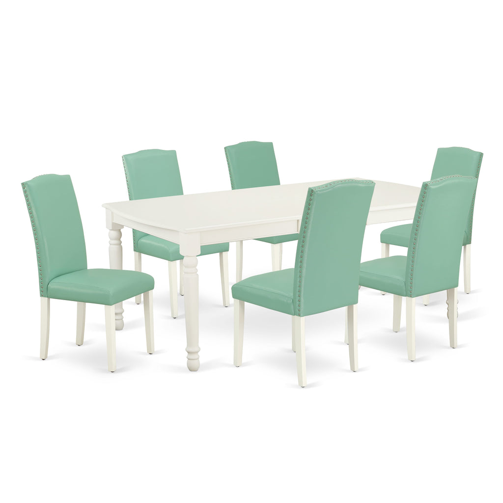 Luxurious 7-Piece Dining Ensemble DOEN7-7PG-5A Elegant Rectangular Table with Extension Leaf & 6 Plush Faux Leather Chairs in Sophisticated White Finish