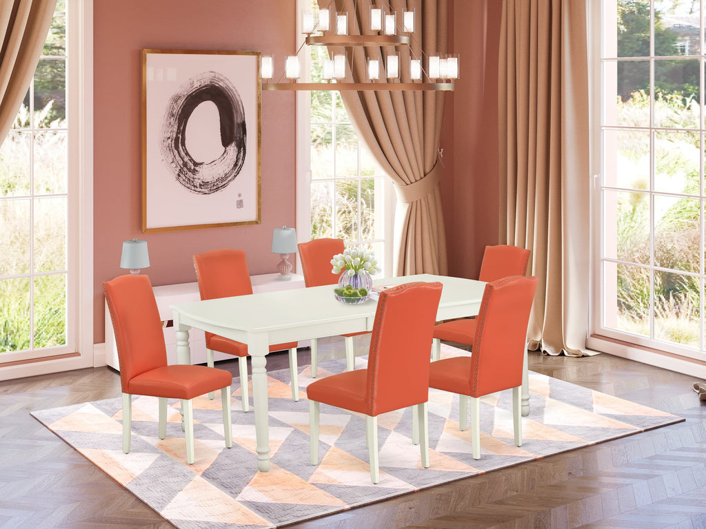 DOEN7-AXO-FX Elegant Dining Ensemble Rectangle Table with Butterfly Leaf & Leather Chairs in Linen White, 7 Pieces