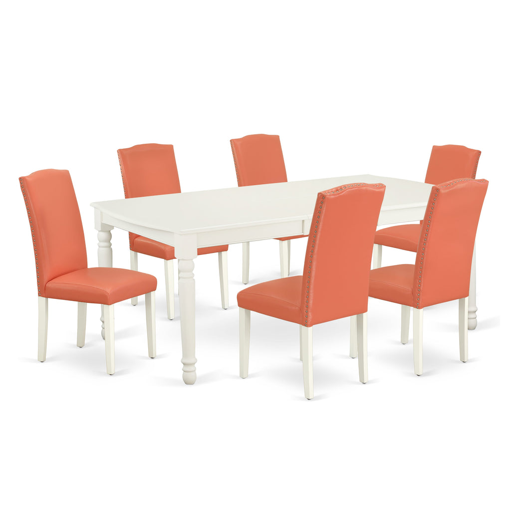 DOEN7-AXO-FX Elegant Dining Ensemble Rectangle Table with Butterfly Leaf & Leather Chairs in Linen White, 7 Pieces