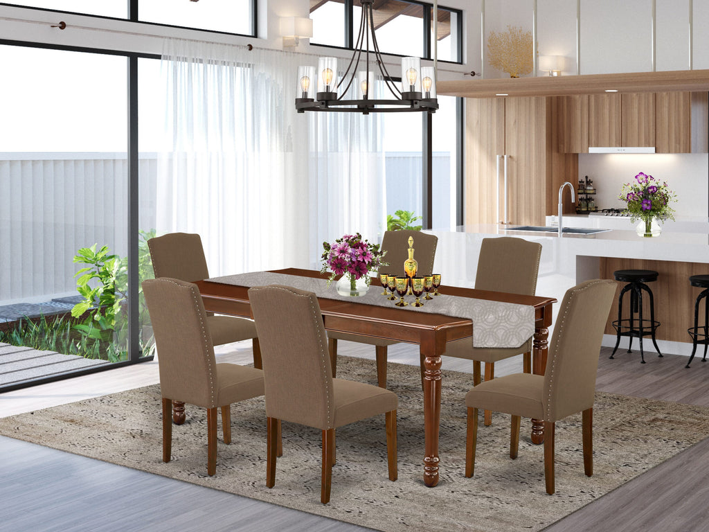 Stunning DOEN7-62R-B0 7-Piece Dining Ensemble with Expanding Table and Dark Fabric Chairs
