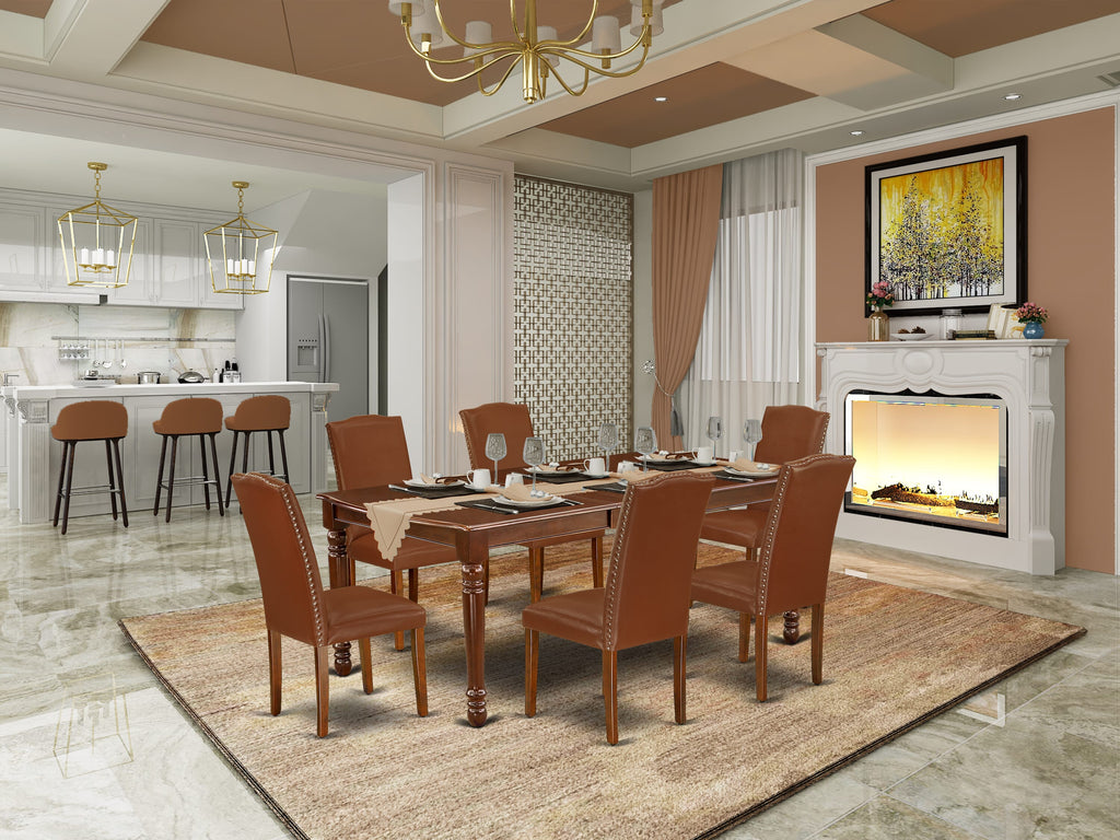 7-Piece DOEN7-MEM-I2 Mahogany Set Expandable Dining Table with Leaf & 6 Brown Chairs