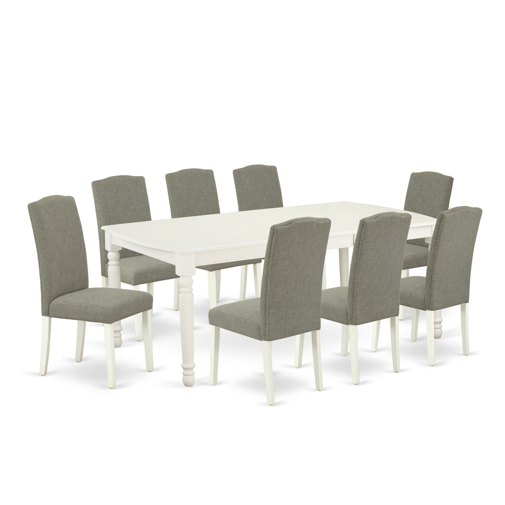DOEN9-L2T-XT Dining Ensemble with Expanding Table & 8 Linen-Tone Chairs for Chic Gatherings in Off-White Finish