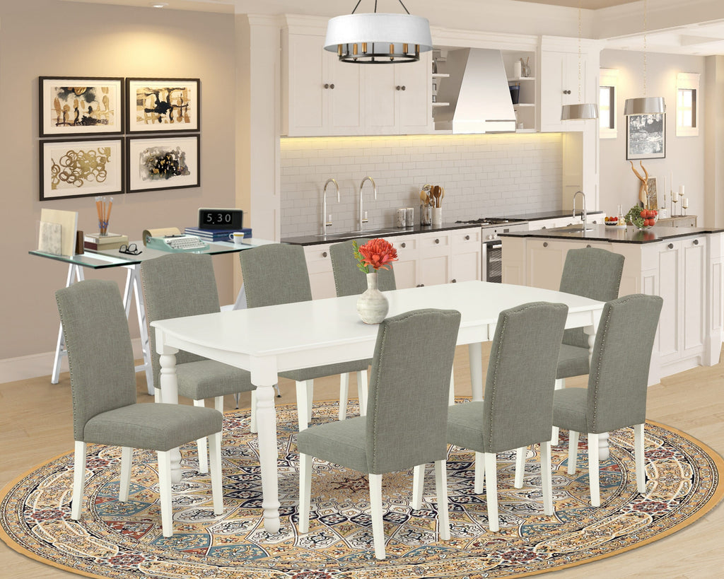 DOEN9-L2T-XT Dining Ensemble with Expanding Table & 8 Linen-Tone Chairs for Chic Gatherings in Off-White Finish