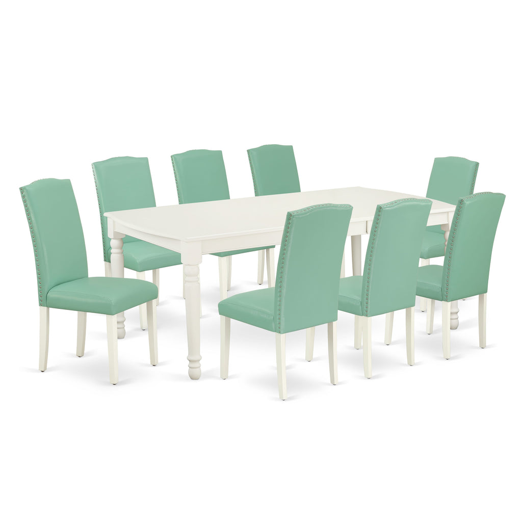 DOEN9-W6T-0L 9-Piece Dining Set with Expanding Table and Faux Leather Chairs, White Finish