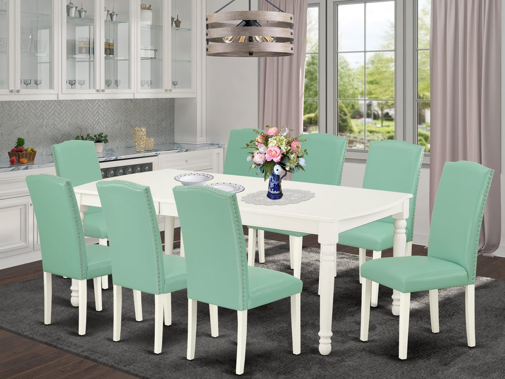DOEN9-W6T-0L 9-Piece Dining Set with Expanding Table and Faux Leather Chairs, White Finish