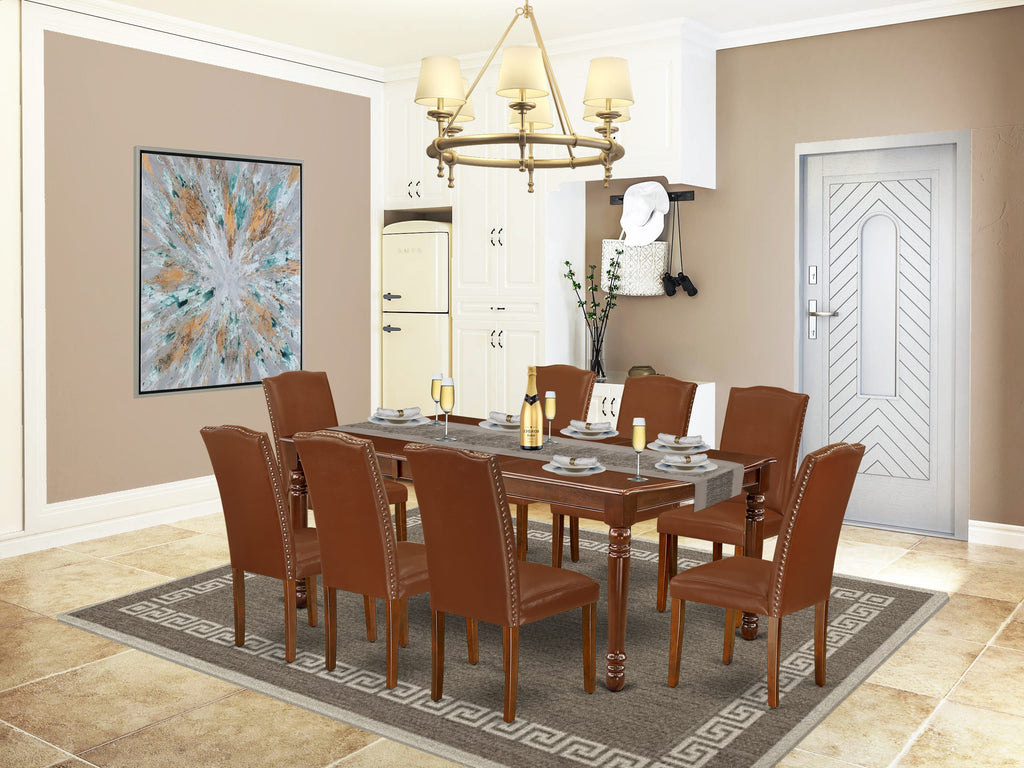 DOEN9-8M8-PS Mahogany 9-Piece Dining Set Butterfly Leaf Table & 8 Faux Leather Chairs, 42x78