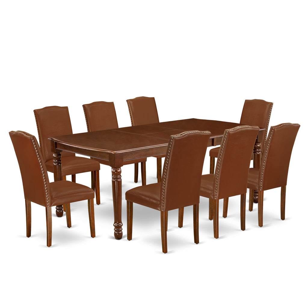 DOEN9-8M8-PS Mahogany 9-Piece Dining Set Butterfly Leaf Table & 8 Faux Leather Chairs, 42x78