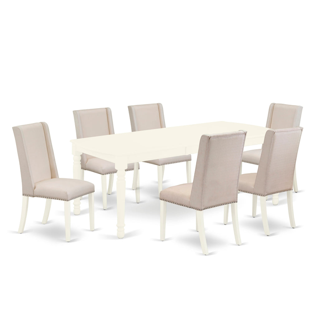 Versatile DOFL7-ZJ7-H2 Dining Ensemble Rectangle Table with Butterfly Leaf & Cream Linen Chairs