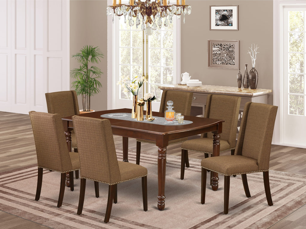 DOFL7-TJ5-34 Dining Ensemble with Rectangular Table, Butterfly Leaf, and 6 Upholstered Chairs, 42x78 Mahogany