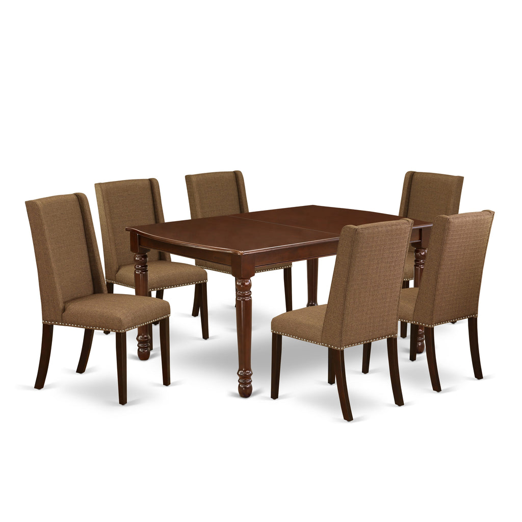 DOFL7-TJ5-34 Dining Ensemble with Rectangular Table, Butterfly Leaf, and 6 Upholstered Chairs, 42x78 Mahogany