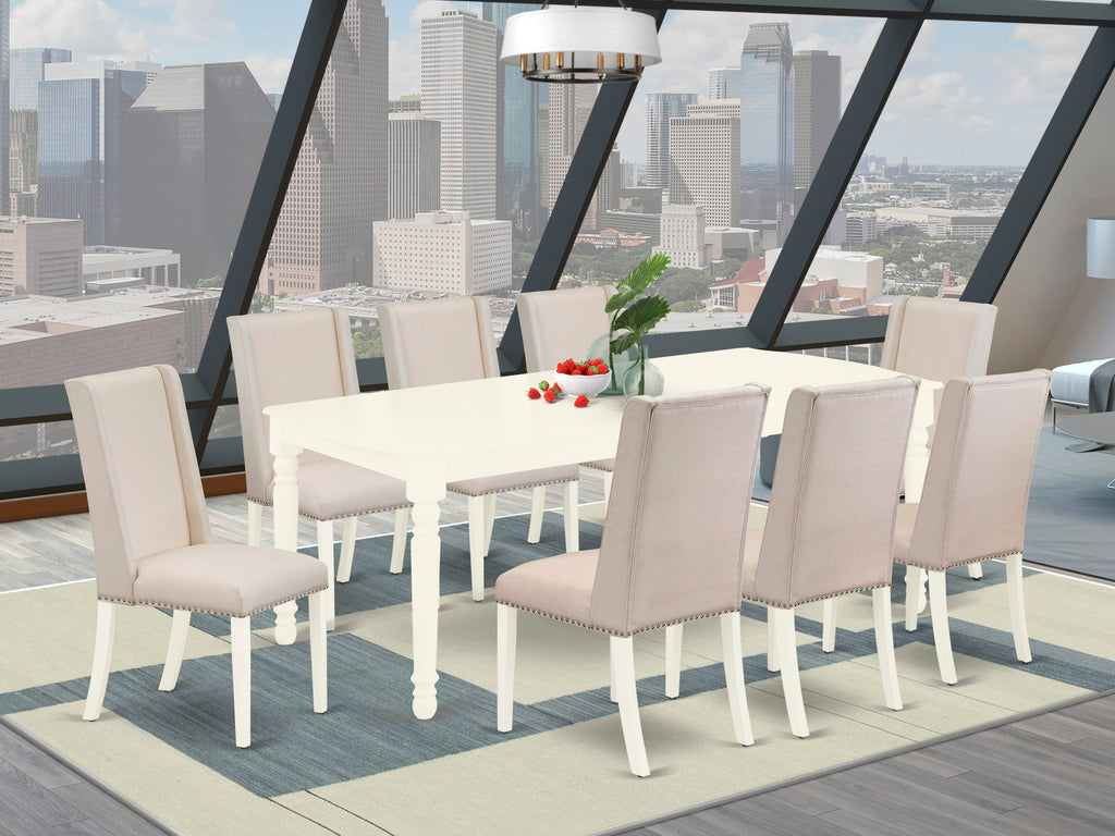 DOFL9-T79-72 Elegant Dining Set with Rectangle Butterfly Leaf Table and 8 Comfortable Cream Chairs, 42x78, Linen White