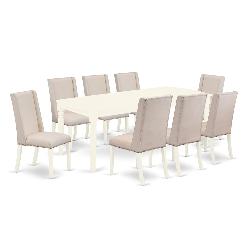 DOFL9-T79-72 Elegant Dining Set with Rectangle Butterfly Leaf Table and 8 Comfortable Cream Chairs, 42x78, Linen White