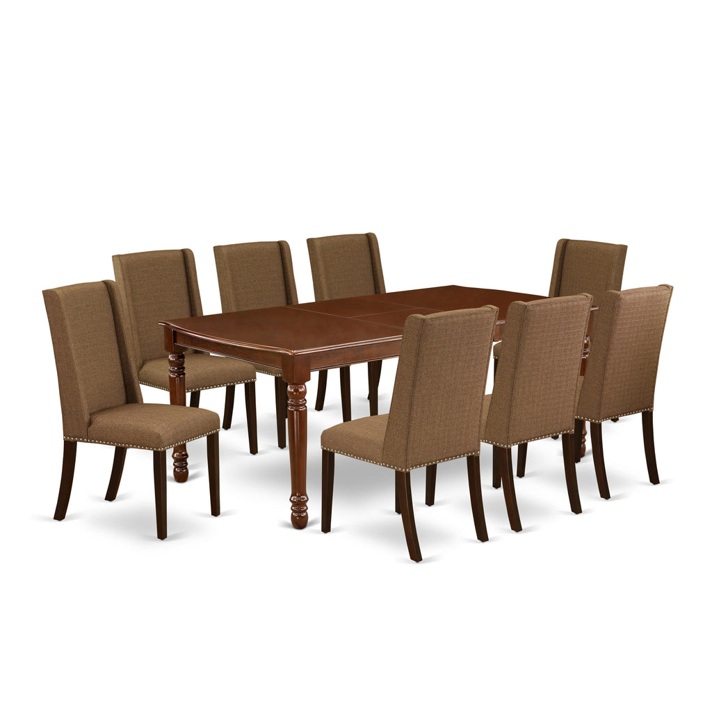 DOFL9-43I-KU 9-Piece Dining Set with Butterfly Leaf Table and 8 Chairs, Mahogany Finish, Brown Linen