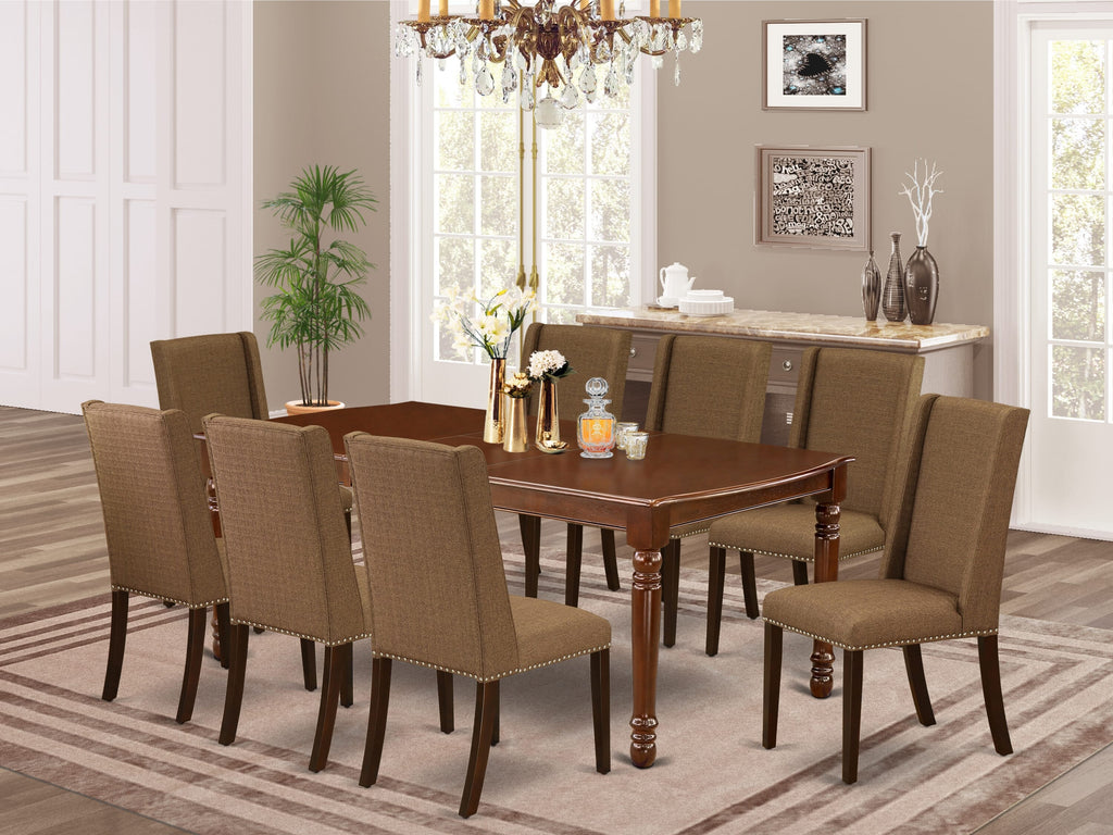 DOFL9-43I-KU 9-Piece Dining Set with Butterfly Leaf Table and 8 Chairs, Mahogany Finish, Brown Linen