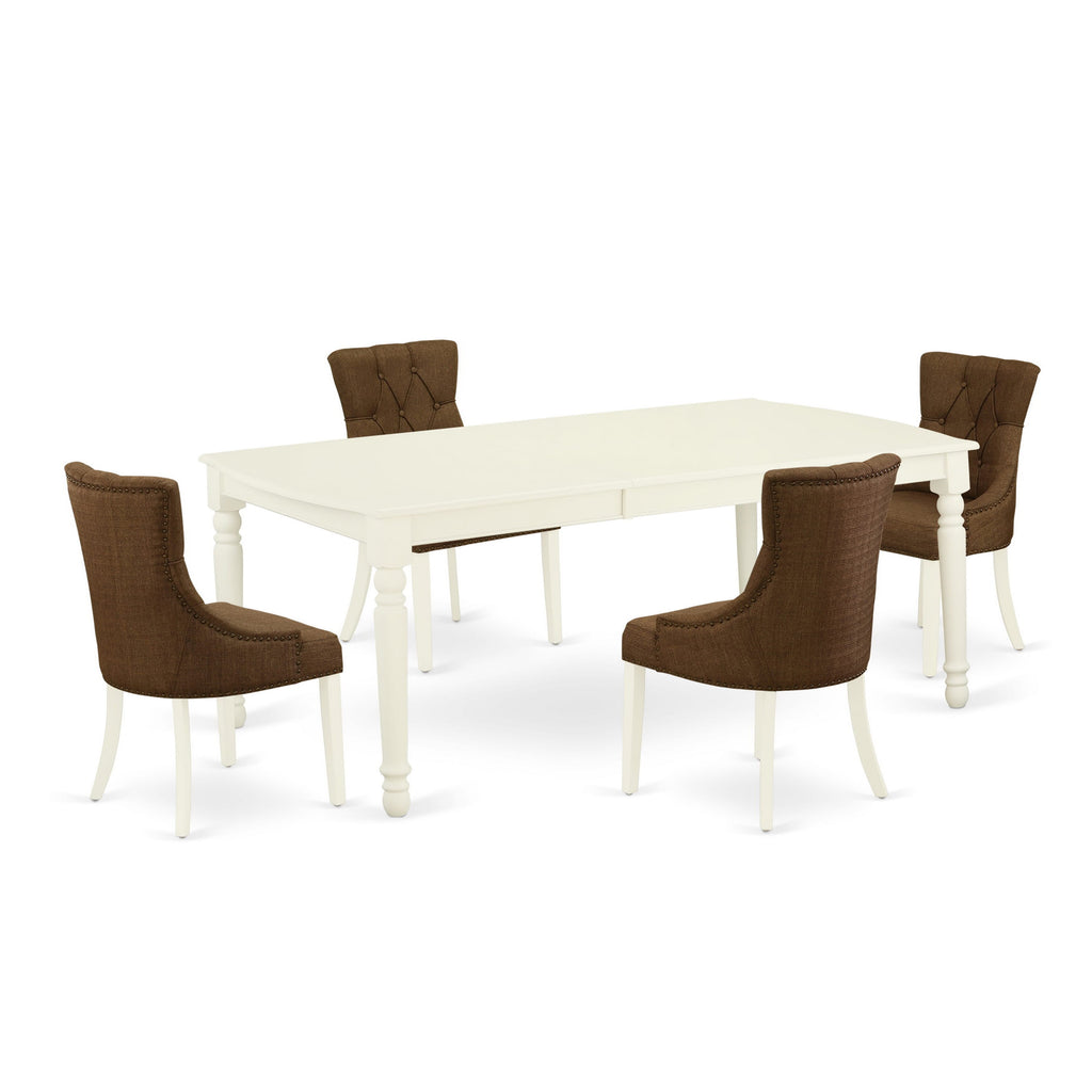 DOFR5-T21-FX 5-Piece Dining Ensemble with Expanding Table and Upholstered Chairs, White Finish