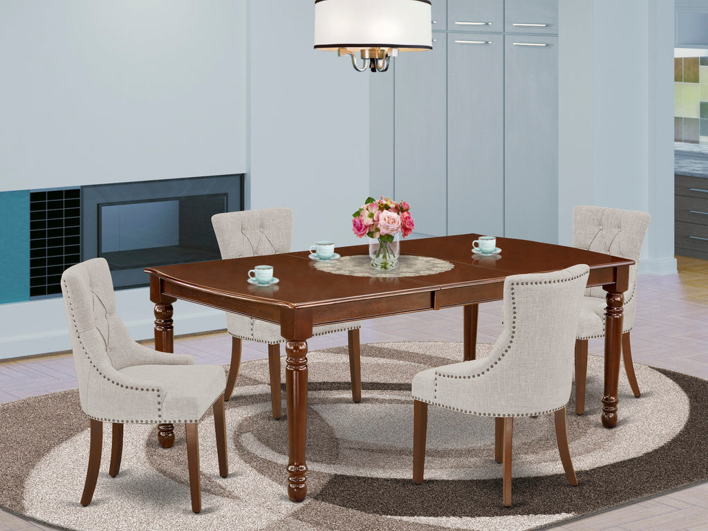 Stylish Dining Ensemble DOFR5-NDB-8E Modern Rectangular Table with Bonus Leaf & Linen Seats, for 5-Seat Setup