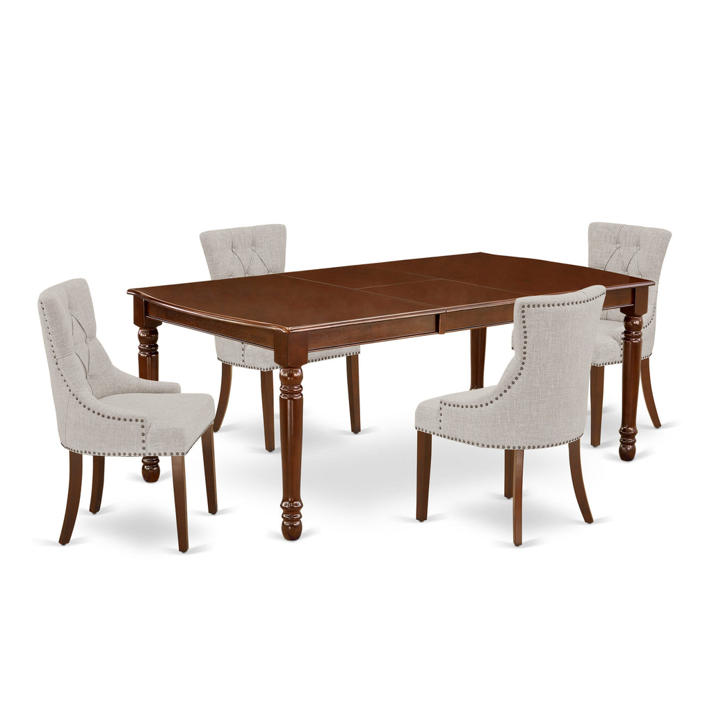 Stylish Dining Ensemble DOFR5-NDB-8E Modern Rectangular Table with Bonus Leaf & Linen Seats, for 5-Seat Setup