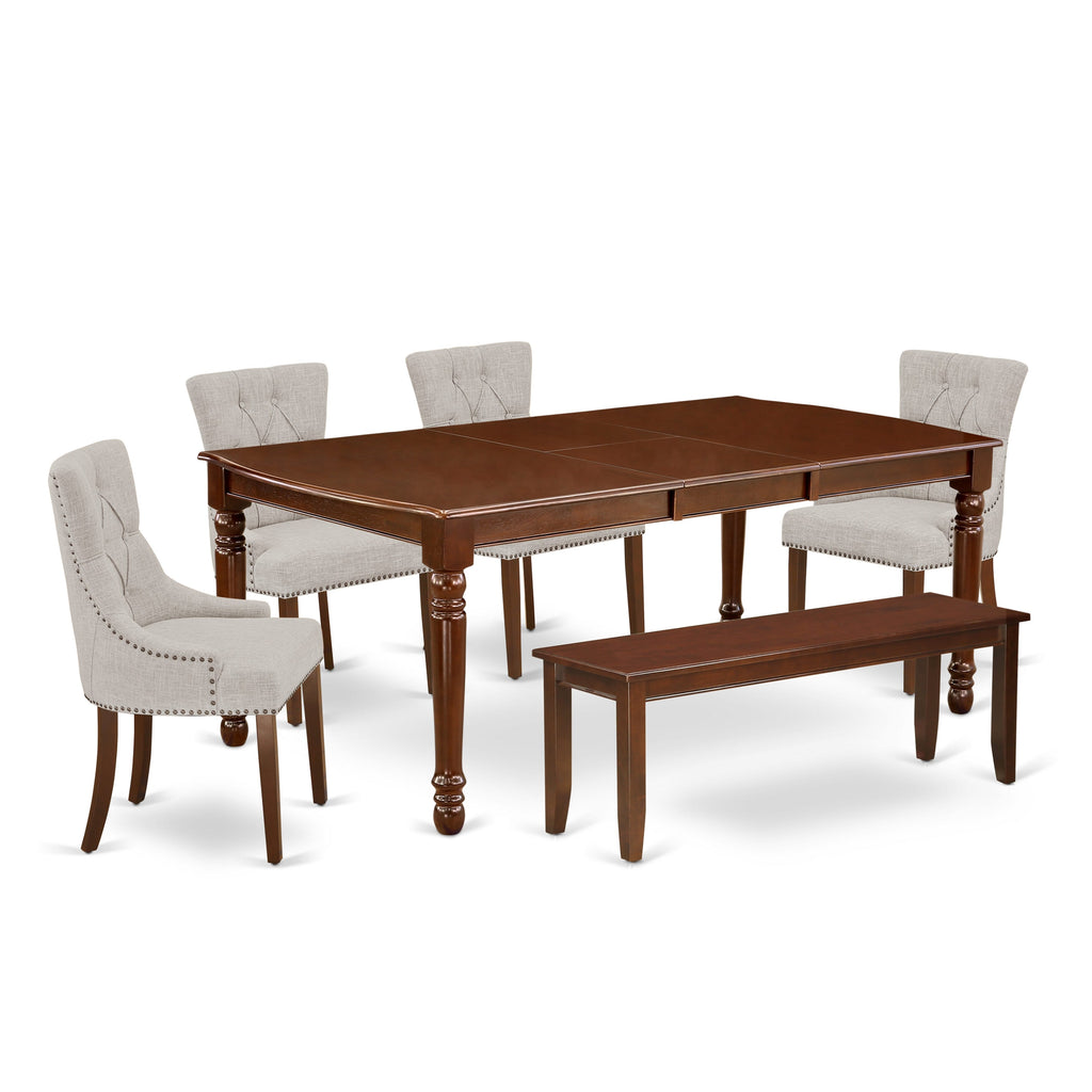 DOFR6-AG3-85 6-Piece Dining Ensemble, Rectangular Table with Leaf, Parson Chairs, and Bench Set