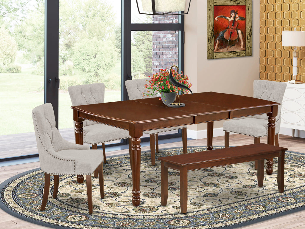 DOFR6-AG3-85 6-Piece Dining Ensemble, Rectangular Table with Leaf, Parson Chairs, and Bench Set