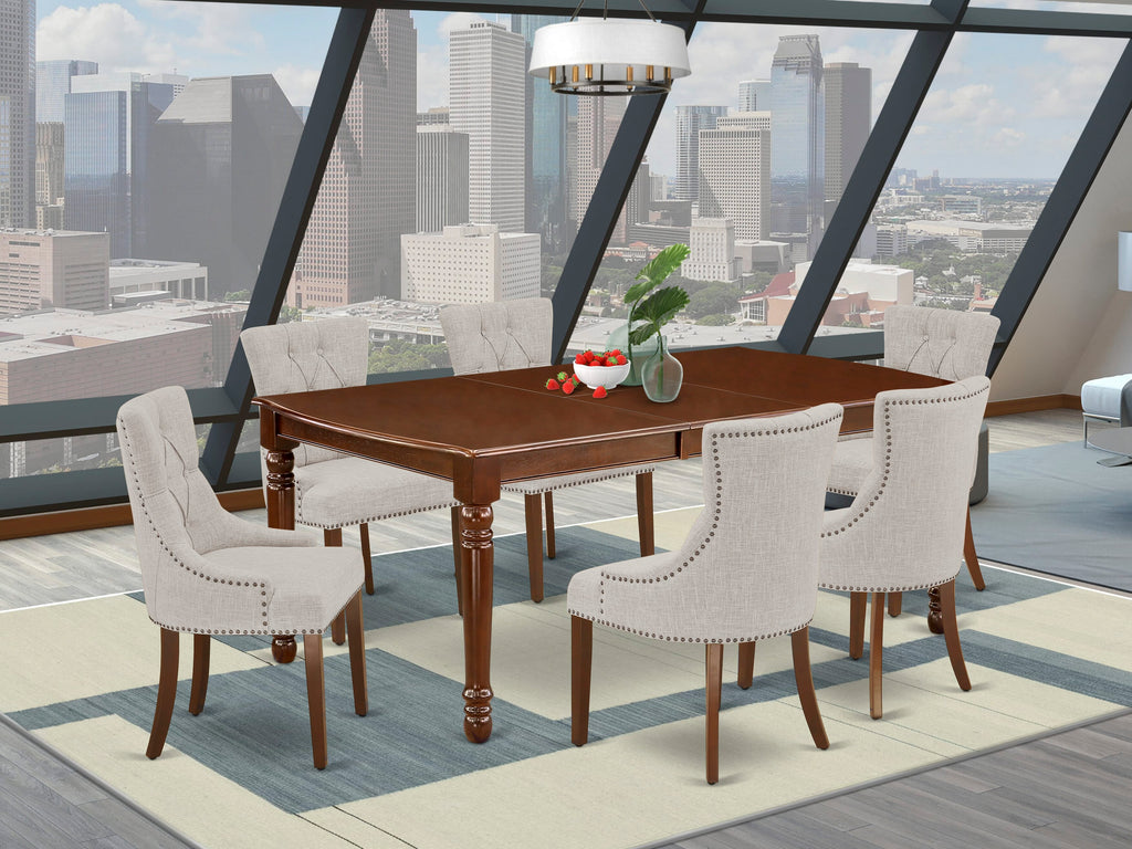 DOFR7-YWM-U2 Deluxe Dining Room Set with Rectangle Butterfly Leaf Table and 6 Linen Fabric Upholstered Chairs, 42x78 Inch, Featuring Rich Mahogany Finish