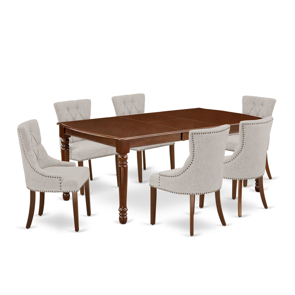 DOFR7-YWM-U2 Deluxe Dining Room Set with Rectangle Butterfly Leaf Table and 6 Linen Fabric Upholstered Chairs, 42x78 Inch, Featuring Rich Mahogany Finish