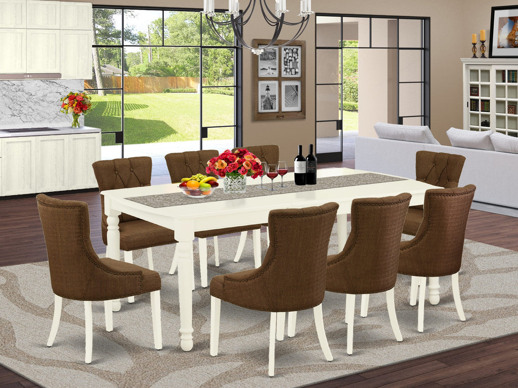Dining Ensemble Set DOFR9-NG5-Q1 9-Piece Rectangle Table with Butterfly Leaf and 8 Brown Fabric Chairs, Linen White Finish, Size 42x78
