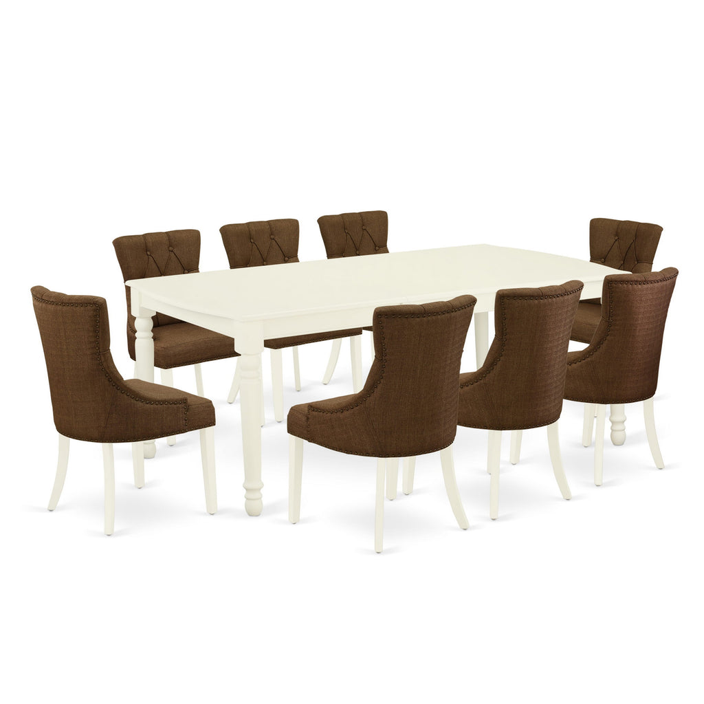 Dining Ensemble Set DOFR9-NG5-Q1 9-Piece Rectangle Table with Butterfly Leaf and 8 Brown Fabric Chairs, Linen White Finish, Size 42x78