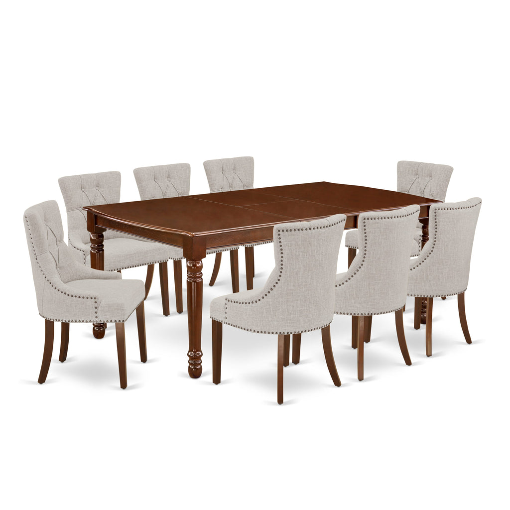 DOFR9-IKS-DL 9-Piece Dining Set with Leaf Extension and Doeskin Fabric Chairs, 42x78 Wood Finish