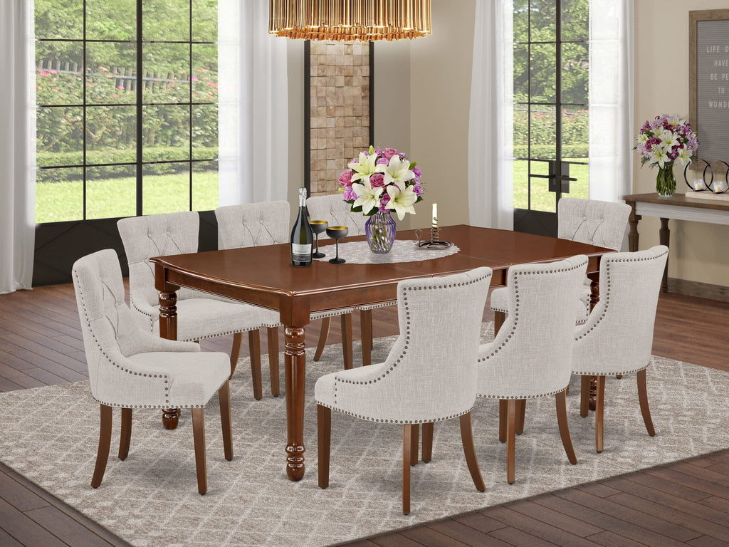 DOFR9-IKS-DL 9-Piece Dining Set with Leaf Extension and Doeskin Fabric Chairs, 42x78 Wood Finish
