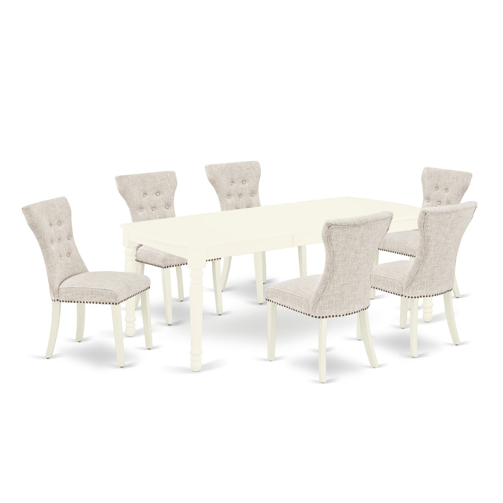 DOGA7-E57-CM Rectangle Dining Set, Expandable Table with 6 Upholstered Chairs, 42x78, White Finish