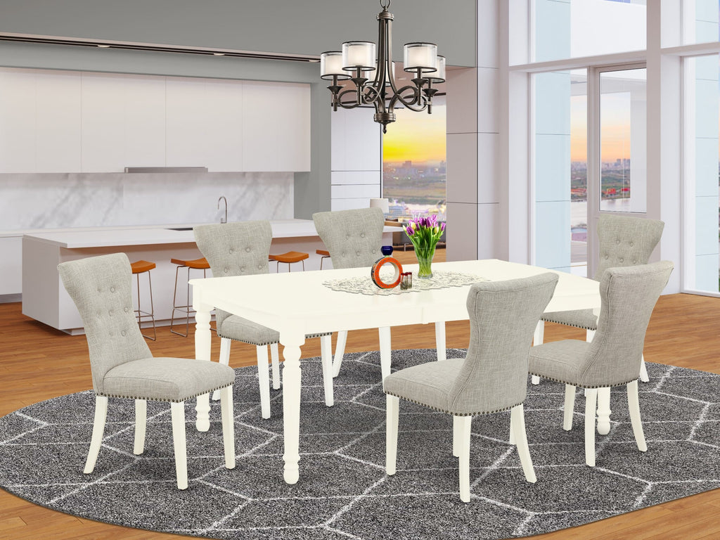DOGA7-E57-CM Rectangle Dining Set, Expandable Table with 6 Upholstered Chairs, 42x78, White Finish