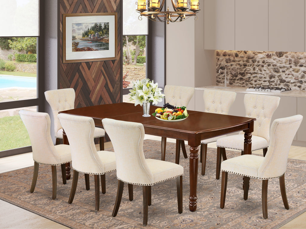 DOGA9-JC9-R1 9-Piece Mahogany Dining Suite with Butterfly Leaf and Linen Seating in Beige, 42x78