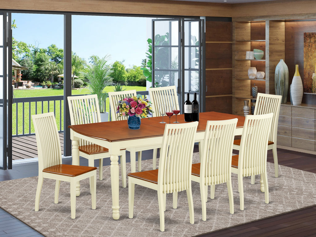 DOIP9-IF6-3 Elegant Rustic 9 Piece Dining Ensemble Expansive Table with Butterfly Leaf & 8 Charis, Buttermilk & Cherry Finish