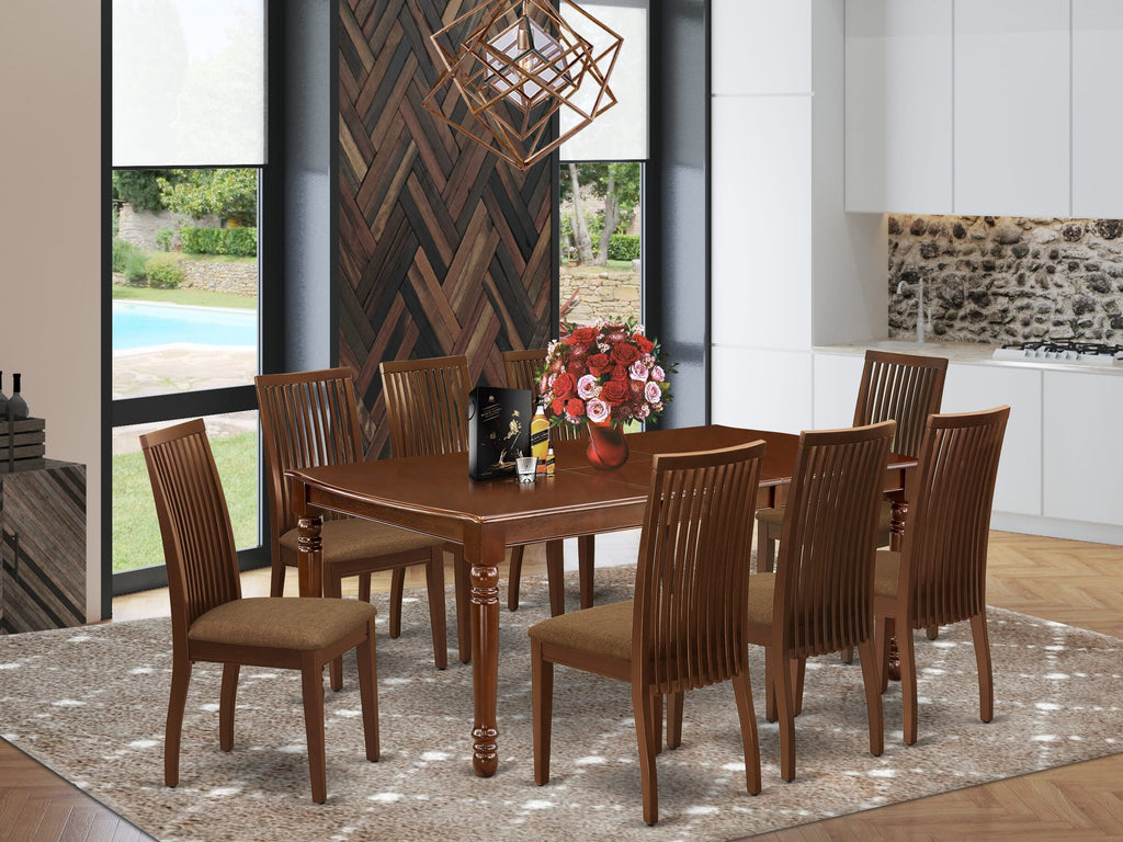DOIP9-6T8-T Luxurious 9-Piece Set with Rectangular Expandable Table & 8 Linen Chairs for Dining, Mahogany Touch