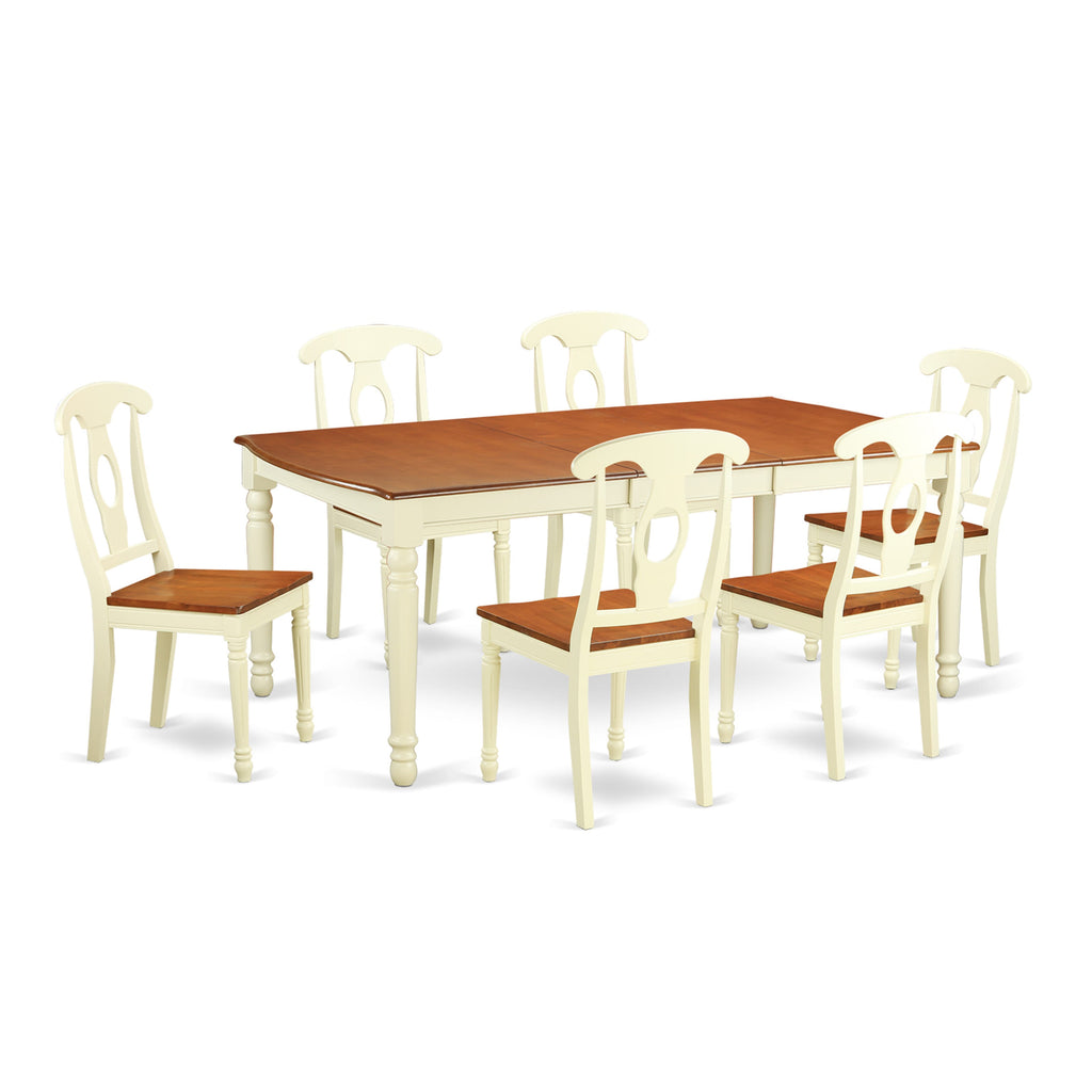DOKE7-S0J-6 Coastal Elegance Set 7-Piece Rectangle Dining Ensemble with Extension Leaf and Wood Chairs, Classic Buttermilk & Cherry Finish